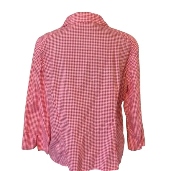 Lemon Grass Women Cotton Top M Red 3/4 Cuffed Sleeve Button Up Checked Preppy - Picture 3 of 5